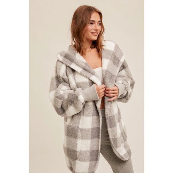 Gray & White Check Checkered Print Soft Sherpa Hoodie Cardigan - Picture 2 of 5